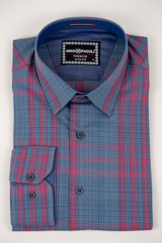 Gray blue Nino Pacoli slim-fit shirt with a bright pink plaid pattern