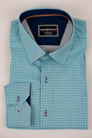 Turquoise blue Nino Pacoli slim-fit shirt with a pattern