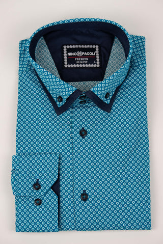 Turquoise blue Nino Pacoli slim-fit shirt with a pattern