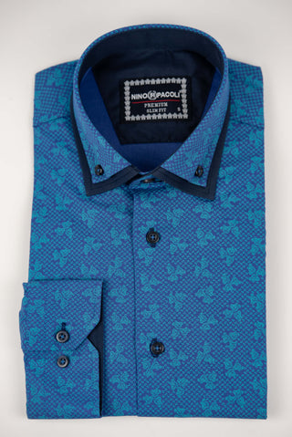 Blue Nino Pacoli slim-fit shirt with turquoise blue ornaments