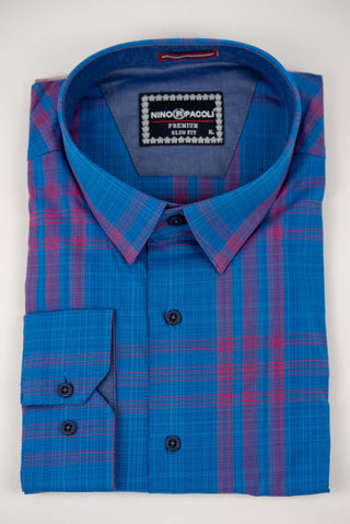 Blue Nino Pacoli slim-fit shirt with a bright pink plaid pattern