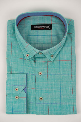 Turquoise blue Nino Pacoli slim-fit shirt with a plaid pattern