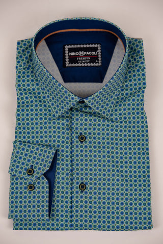 Green Nino Pacoli slim-fit shirt with blue ornaments