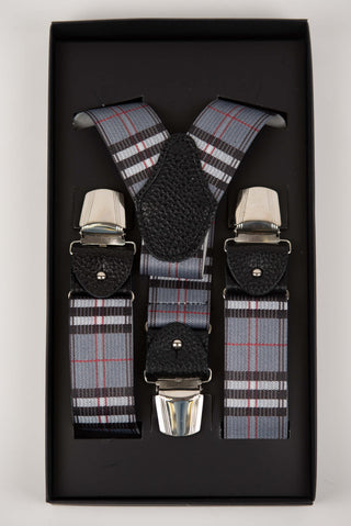 Grey suspenders with a plaid pattern