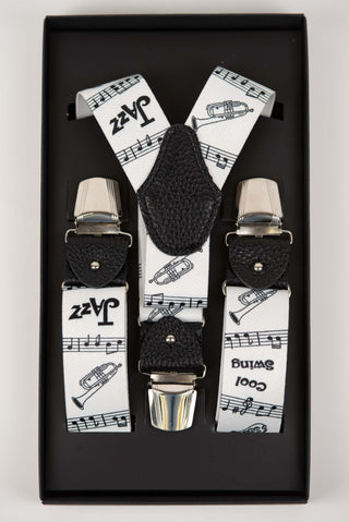 White suspenders with music themed motifs