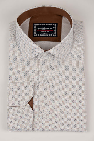 Balts Nino Pacoli slim fit krekls ar brūnu rakstu