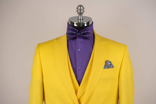 Bright yellow Quesste slim fit suit with a vest