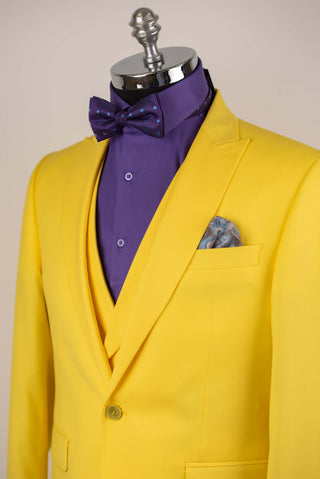 Bright yellow Quesste slim fit suit with a vest