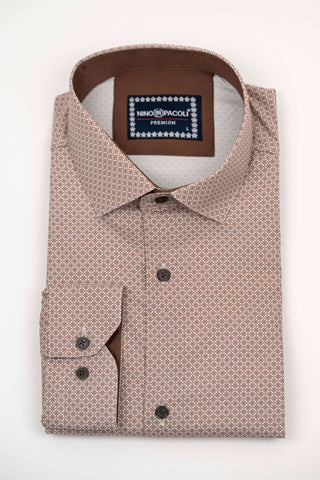 Brown Nino Pacoli regular fit easy-iron, low-wrinkle shirt with a pattern