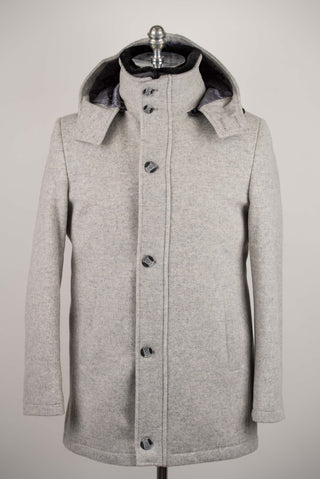 Light grey Lozenge coat with warm padded lining, removable faux fur collar and hood