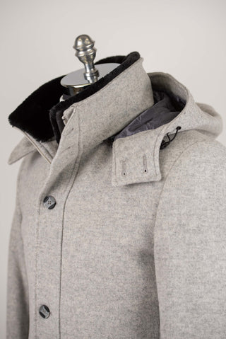 Light grey Lozenge coat with warm padded lining, removable faux fur collar and hood
