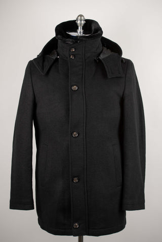 Black Lozenge coat with warm padded lining, removable faux fur collar and hood