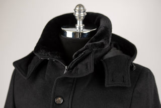 Black Lozenge coat with warm padded lining, removable faux fur collar and hood