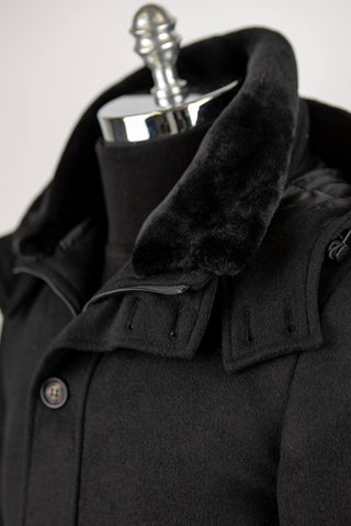 Black Lozenge coat with warm padded lining, removable faux fur collar and hood