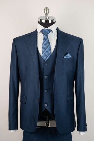 Tumši zils Moda Vinci slim fit uzvalks ar vesti un smalku rakstu