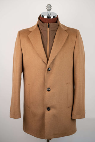 Caramel brown Montmen coat with detachable front insert