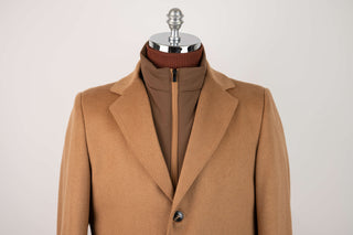 Caramel brown Montmen coat with detachable front insert