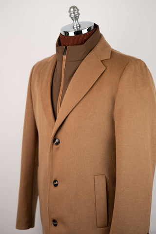 Caramel brown Montmen coat with detachable front insert