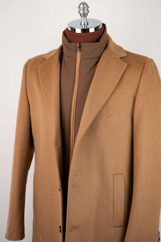 Caramel brown Montmen coat with detachable front insert