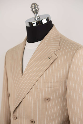 Light beige Lucio double-breasted oversized suit with white stripes