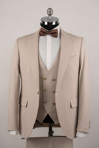 Bēšs Quesste slim fit uzvalks ar zelta pogām un divrindu pogu vesti