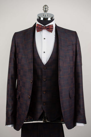 Tumši bordo Quesste pagarināts uzvalks ar rūtainu rakstu un vesti