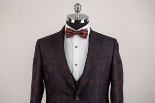 Dark burgundy Quesste extended suit with plaid pattern and a vest