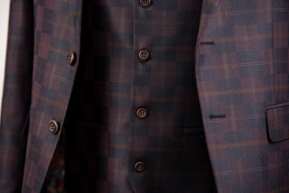 Dark burgundy Quesste extended suit with plaid pattern and a vest