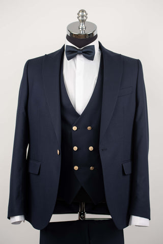 Tumši zils Quesste slim fit uzvalks ar zelta pogām un divrindu pogu vesti