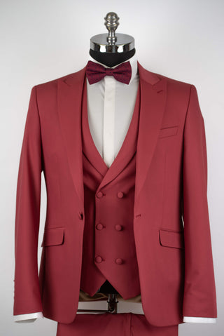 Raspberry red Quesste slim fit suit with a double-breasted vest
