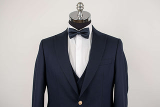 Dark blue Quesste slim fit suit with gold buttons and a double-breasted vest