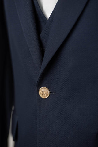 Dark blue Quesste slim fit suit with gold buttons and a double-breasted vest