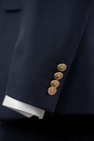 Dark blue Quesste slim fit suit with gold buttons and a double-breasted vest