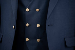 Dark blue Quesste slim fit suit with gold buttons and a double-breasted vest