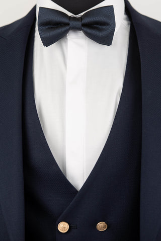 Dark blue Quesste slim fit suit with gold buttons and a double-breasted vest