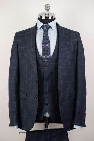 Tumši zils Quesste pagarināts uzvalks ar rūtainu rakstu un vesti