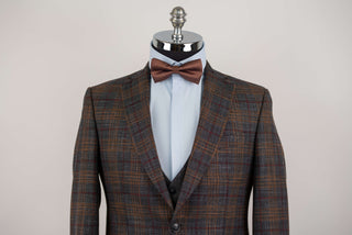 Grey Quesste extended suit with brown, burgundy plaid pattern and a vest