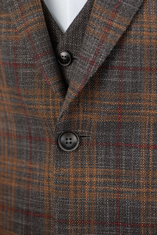 Grey Quesste extended suit with brown, burgundy plaid pattern and a vest