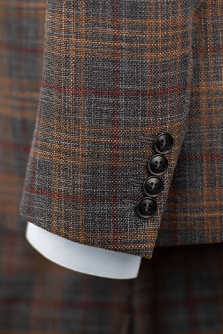 Grey Quesste extended suit with brown, burgundy plaid pattern and a vest
