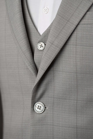 Light grey Azzaro slim fit suit with a vest and a plaid pattern