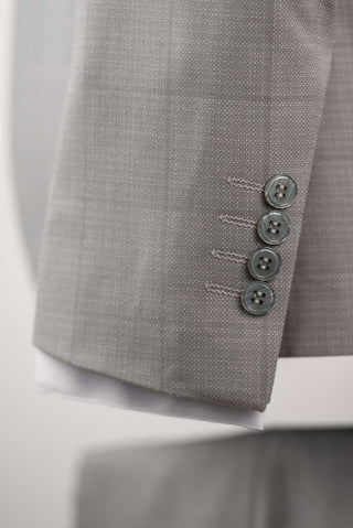Light grey Azzaro slim fit suit with a vest and a plaid pattern
