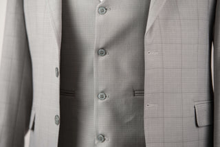 Light grey Azzaro slim fit suit with a vest and a plaid pattern