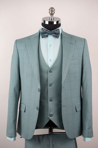 Maigi tirkīzzils Azzaro slim fit uzvalks ar vesti un rūtainu rakstu