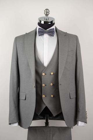 Pelēks Quesste slim fit uzvalks ar zelta pogām un divrindu pogu vesti