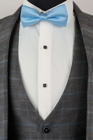 Grey Quesste extended suit with a vest and a light blue plaid pattern