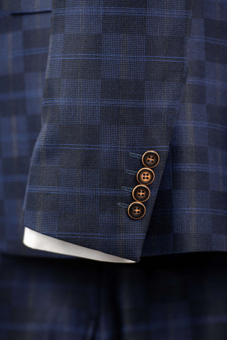 Dark blue Quesste extended suit with a vest and a plaid pattern