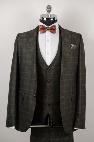 Tumši olīvzaļš Quesste pagarināts uzvalks ar vesti un rūtainu rakstu