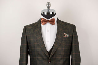 Dark olive green Quesste extended suit with a vest and a plaid pattern