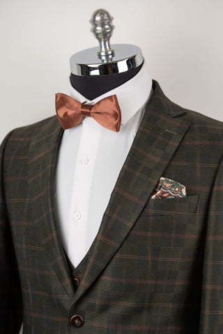 Dark olive green Quesste extended suit with a vest and a plaid pattern