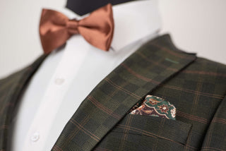 Dark olive green Quesste extended suit with a vest and a plaid pattern